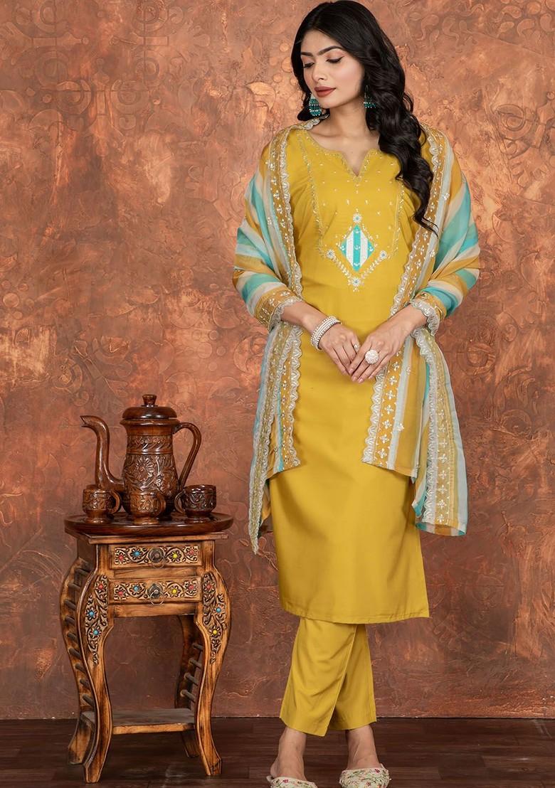 Yellow Printed Poly Blend Kurta Set
