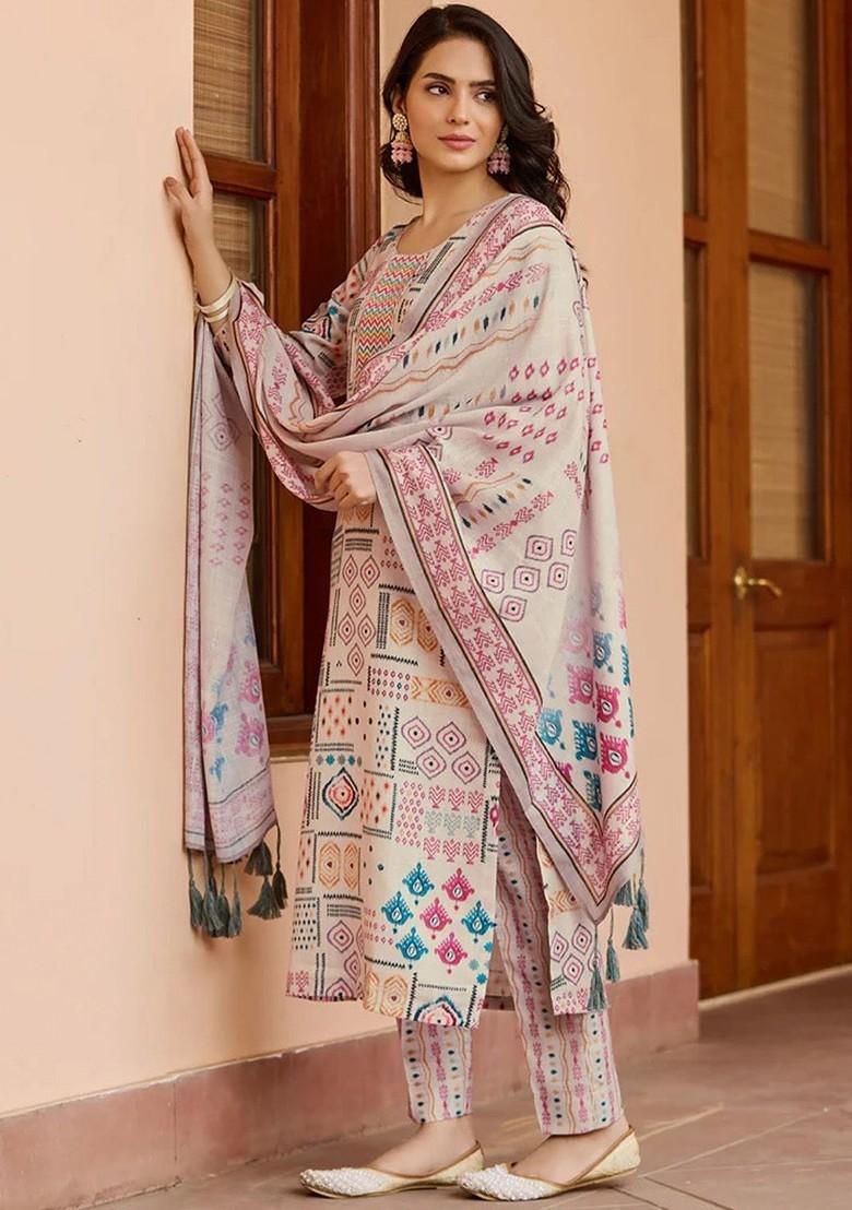 Peach Ethnic Motifs Embroidery Cotton Kurta Set