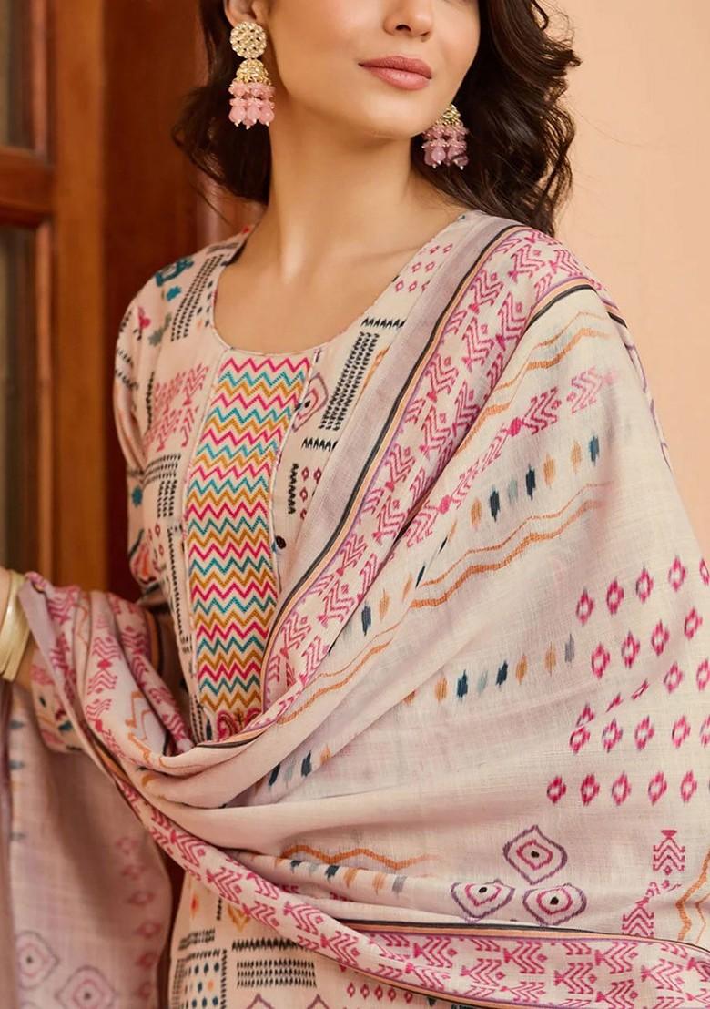 Peach Ethnic Motifs Embroidery Cotton Kurta Set
