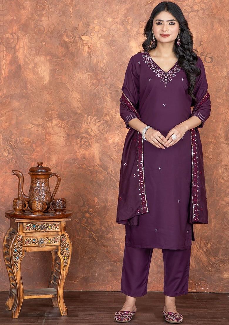 Purple Ethnic Motifs Embroidery Poly Blend Kurta Set