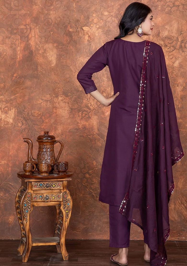 Purple Ethnic Motifs Embroidery Poly Blend Kurta Set