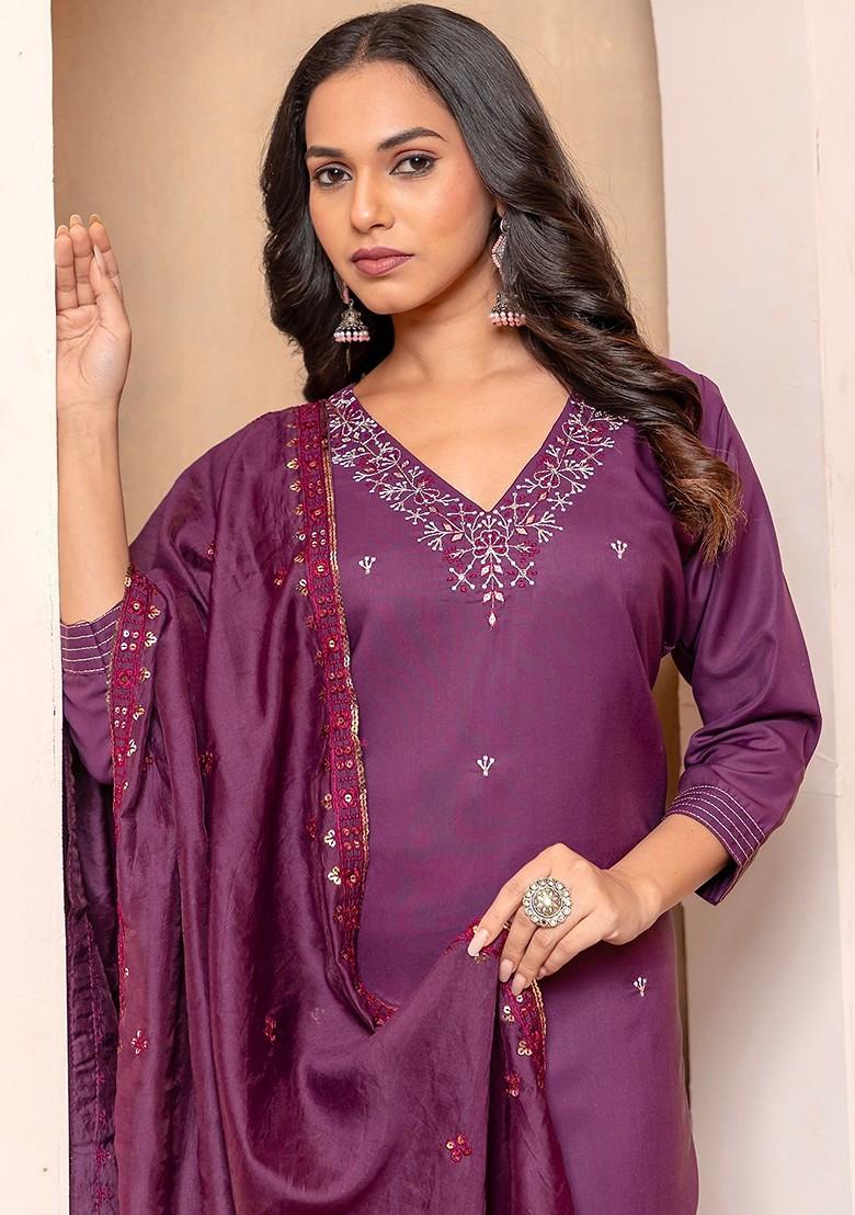 Purple Printed Poly Blend Kurta Set