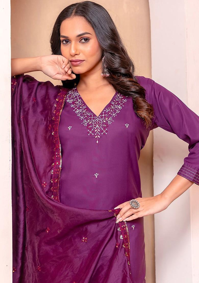 Purple Printed Poly Blend Kurta Set