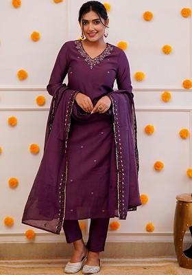 Purple Printed Poly Blend Kurta Set
