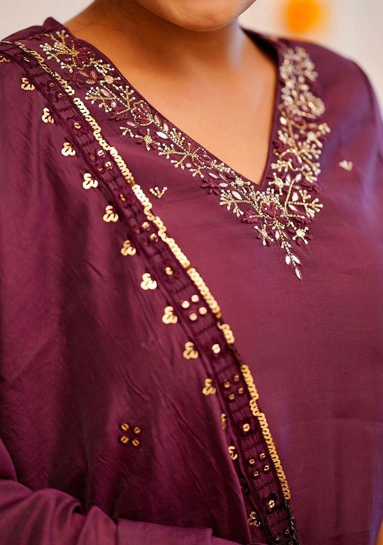 Purple Printed Poly Blend Kurta Set