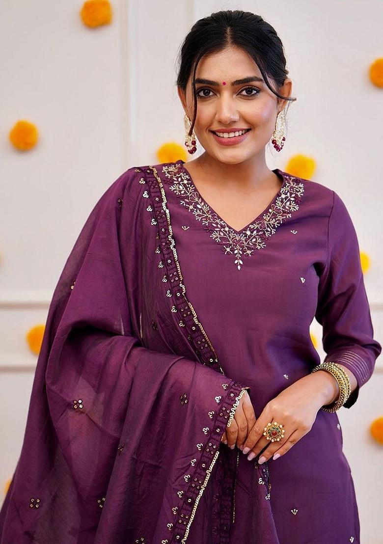 Purple Printed Poly Blend Kurta Set