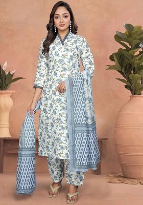 Blue Floral Print Cotton Kurta Set