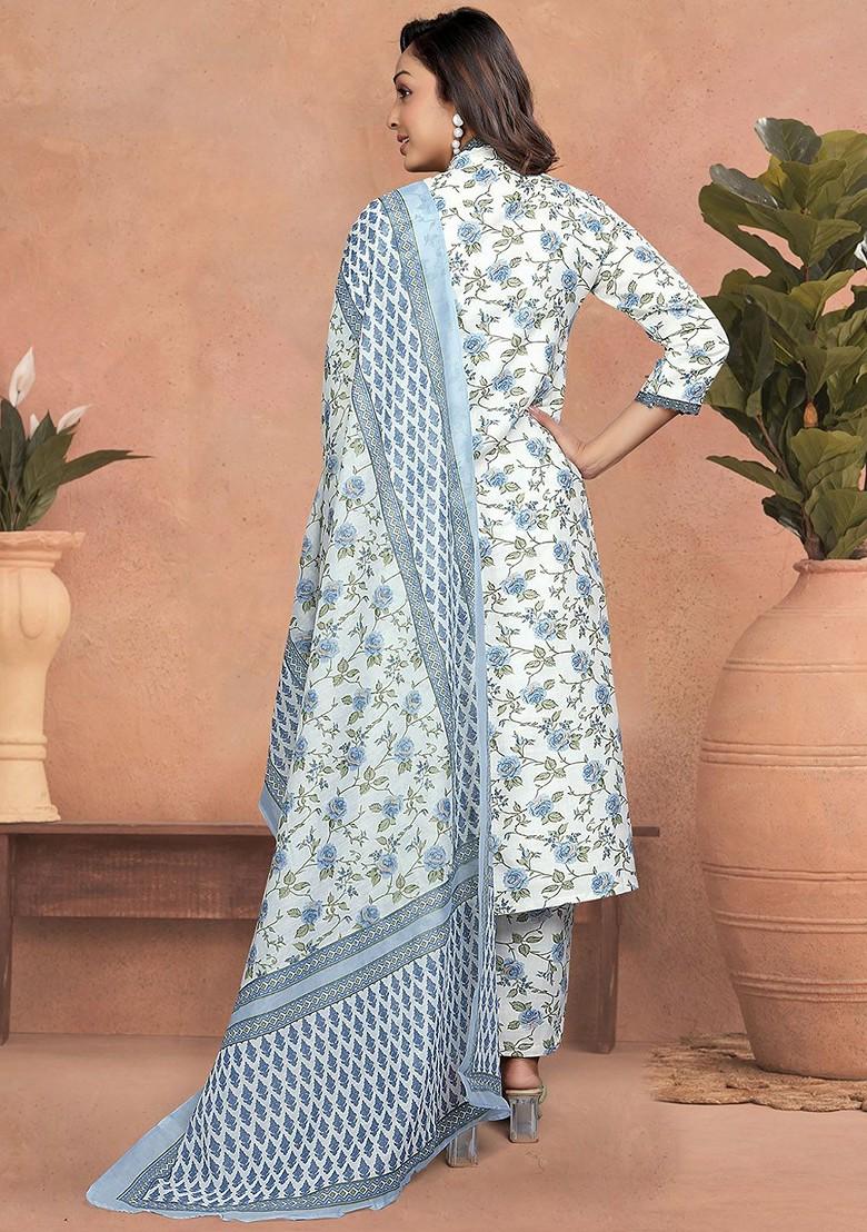 Blue Floral Print Cotton Kurta Set