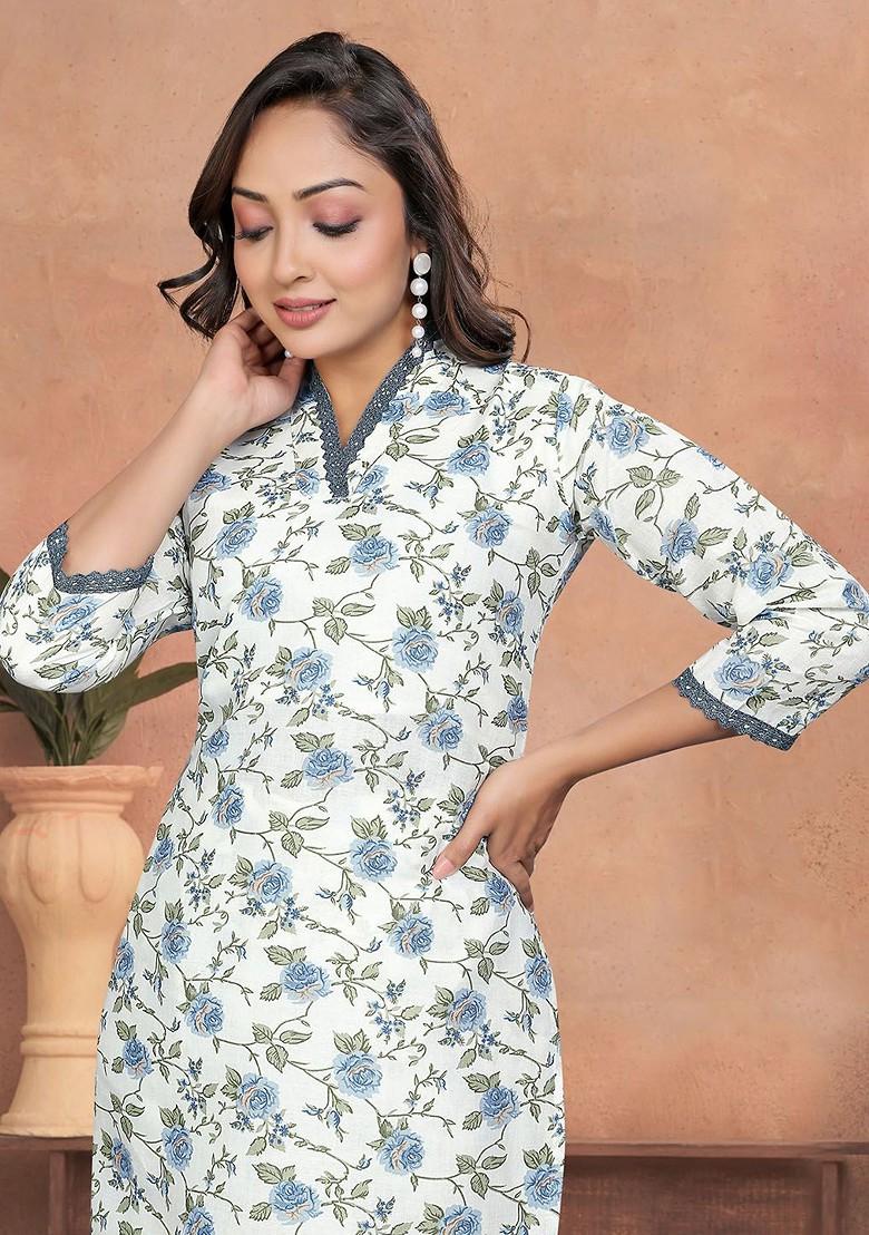 Blue Floral Print Cotton Kurta Set