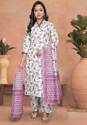 Pink Floral Embroidered Cotton Kurta Set