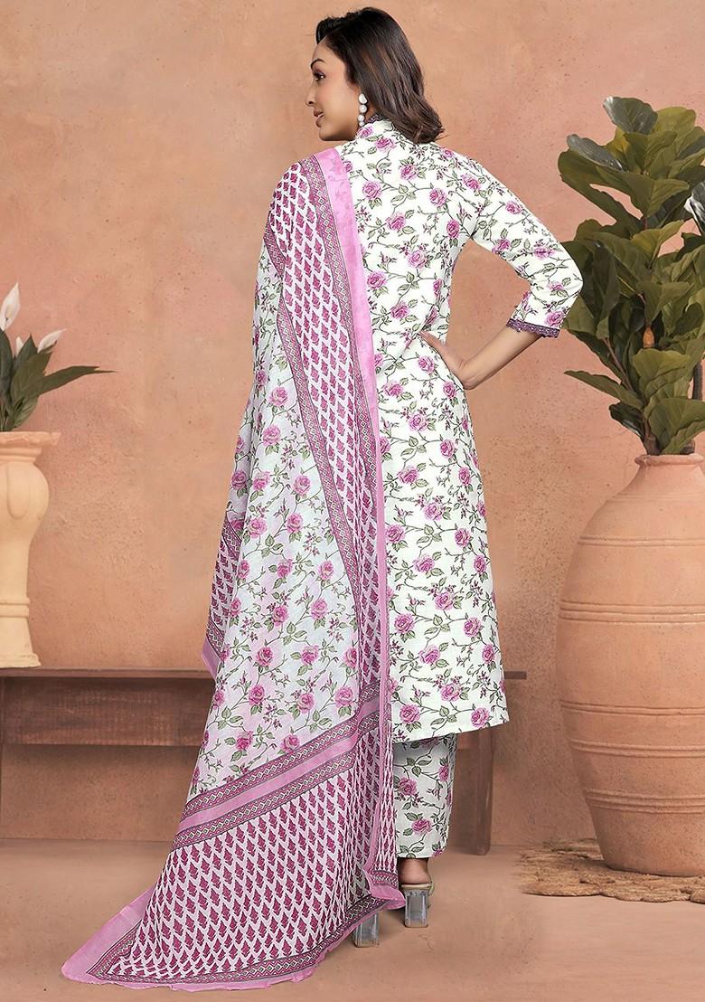 Pink Floral Embroidered Cotton Kurta Set