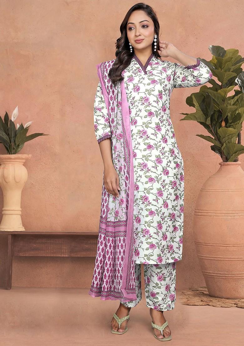 Pink Floral Embroidered Cotton Kurta Set