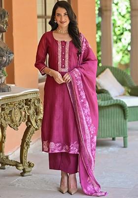 Pink Ethnic Motifs Embroidery Poly Blend Kurta Set