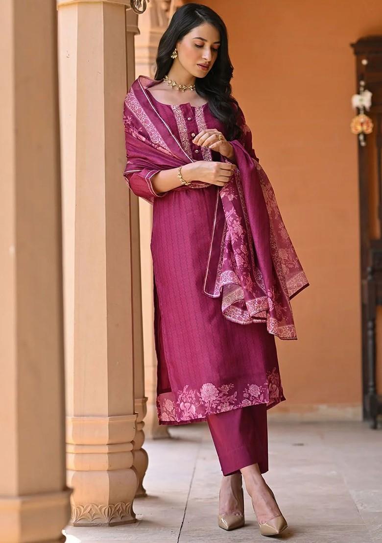 Pink Ethnic Motifs Embroidery Poly Blend Kurta Set