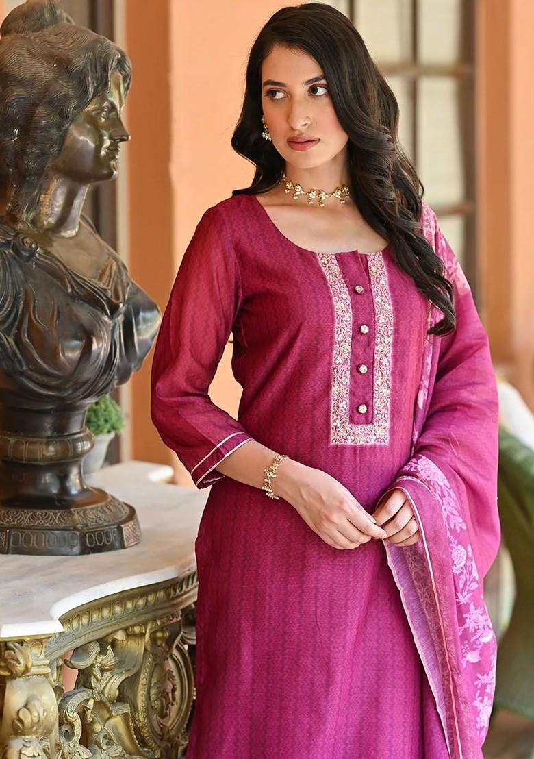 Pink Ethnic Motifs Embroidery Poly Blend Kurta Set