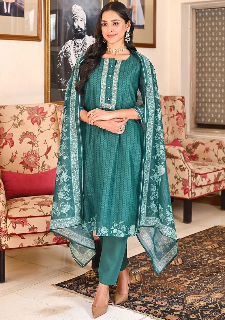 Green Floral Embroidered Poly Blend Kurta Set
