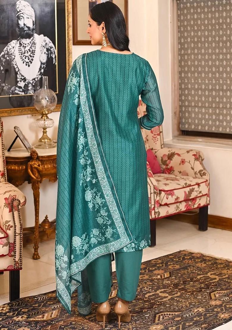 Green Floral Embroidered Poly Blend Kurta Set