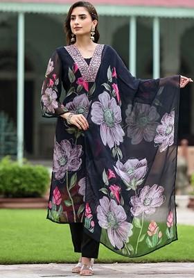 Black Floral Embroidered Poly Blend Kurta Set