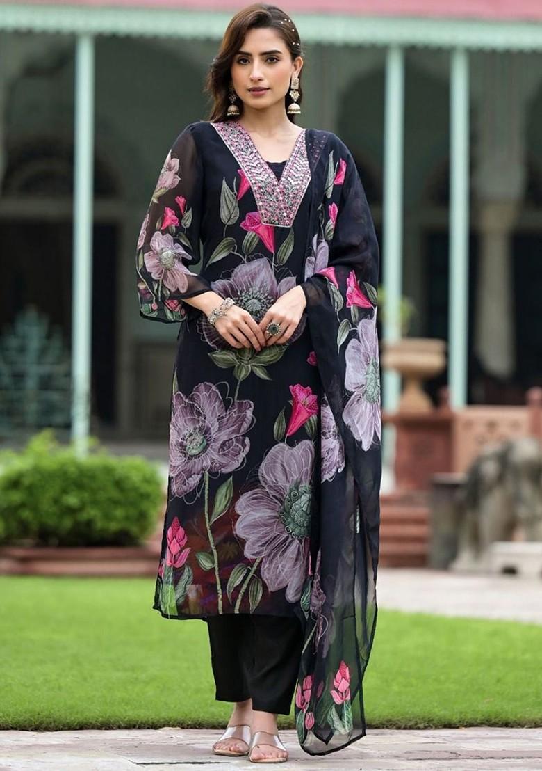 Black Floral Embroidered Poly Blend Kurta Set