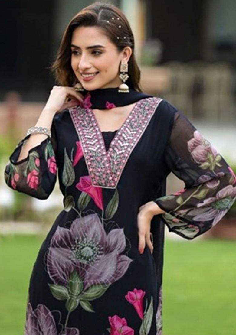Black Floral Embroidered Poly Blend Kurta Set