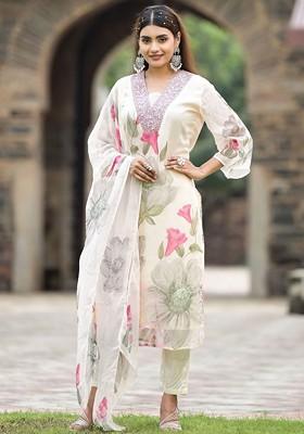 White Floral Embroidered Poly Blend Kurta Set