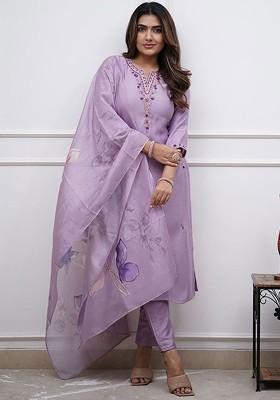 Purple Floral Embroidered Poly Blend Kurta Set
