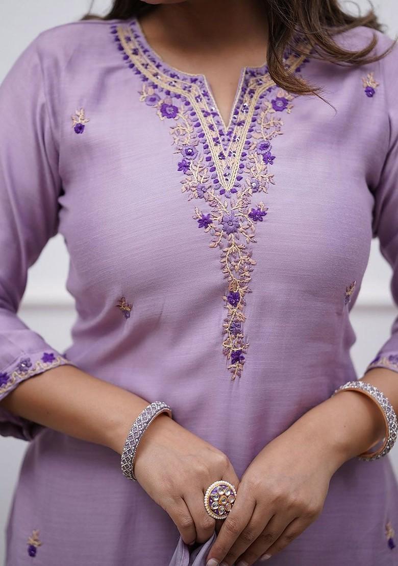 Purple Floral Embroidered Poly Blend Kurta Set