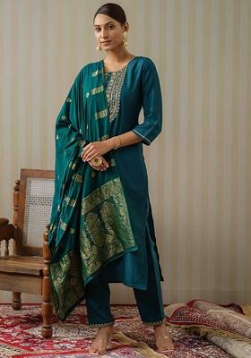 Teal Ethnic Motifs Embroidery Poly Blend Kurta Set