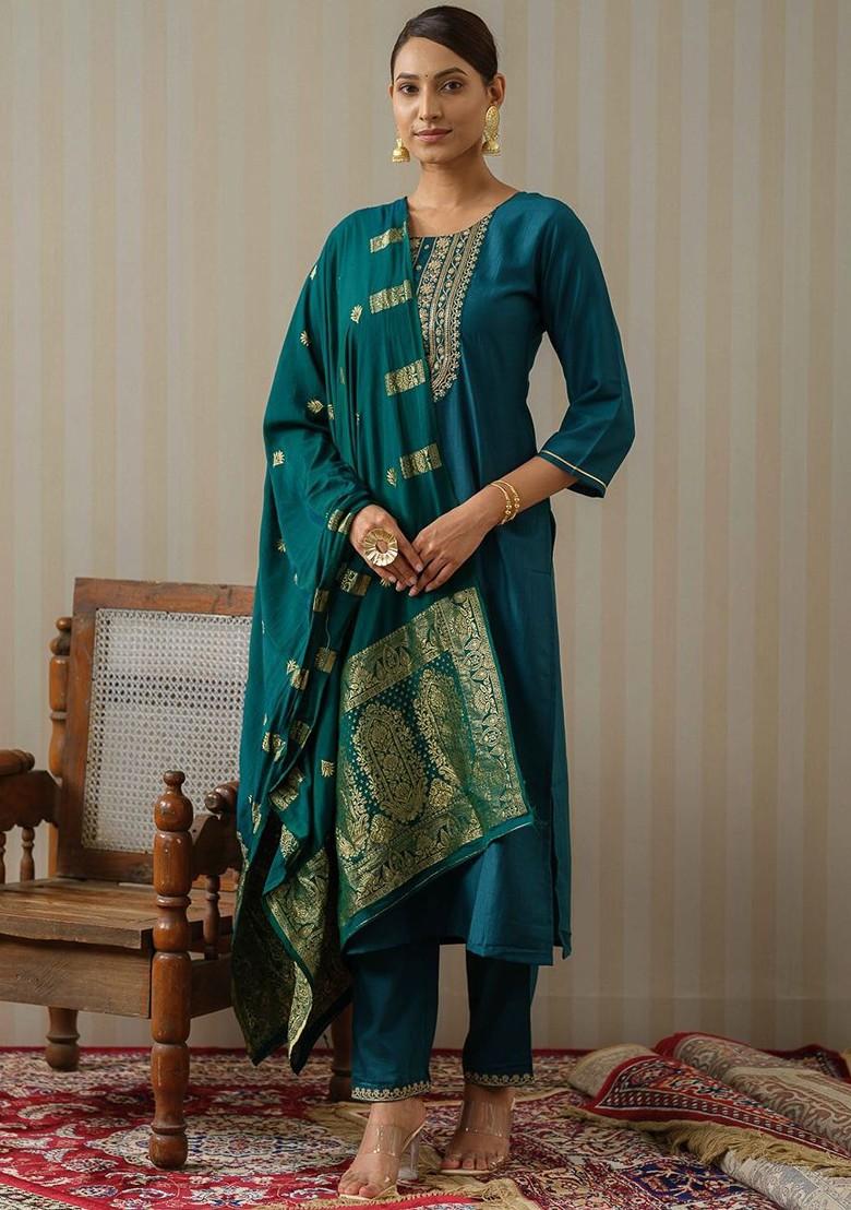 Teal Ethnic Motifs Embroidery Poly Blend Kurta Set