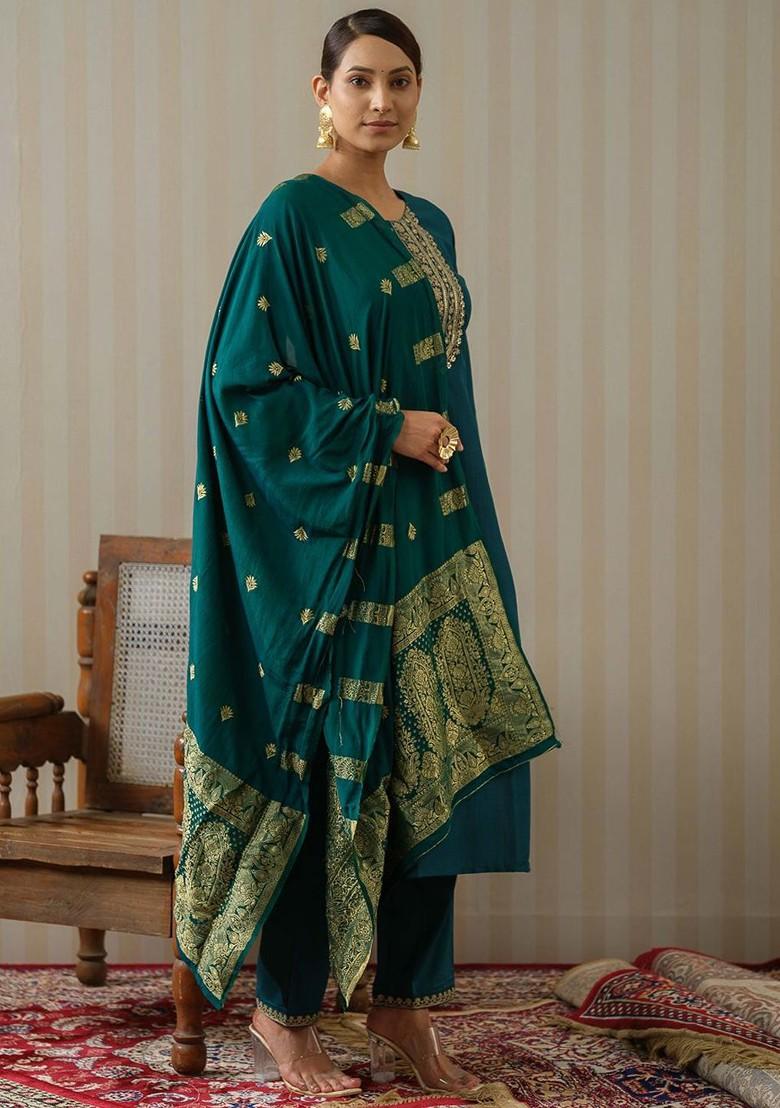 Teal Ethnic Motifs Embroidery Poly Blend Kurta Set