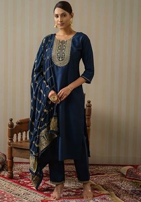 Navy Blue Printed Silk Kurta Set