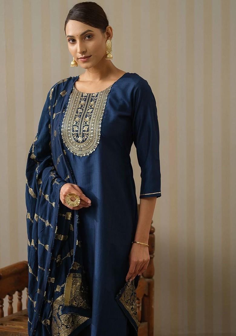 Navy Blue Printed Silk Kurta Set