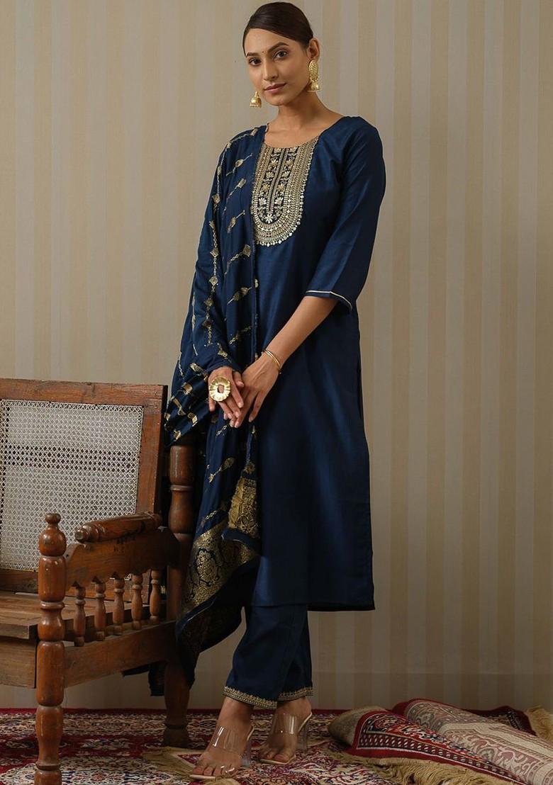 Navy Blue Printed Silk Kurta Set
