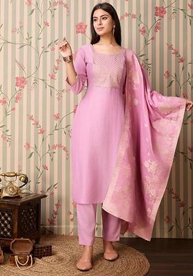 Pink Printed Poly Blend Kurta Set