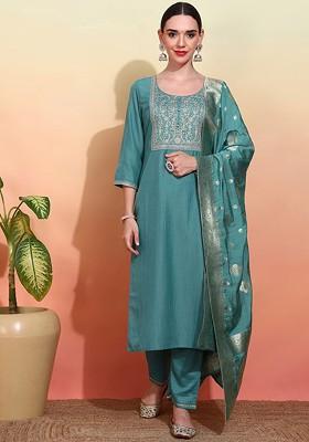 Teal Embroidered Poly Blend Kurta Set