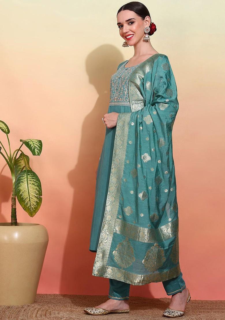 Teal Embroidered Poly Blend Kurta Set