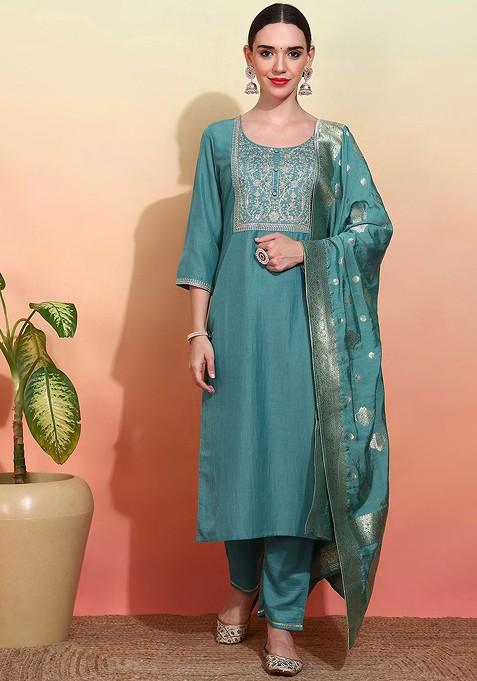 Teal Embroidered Poly Blend Kurta Set