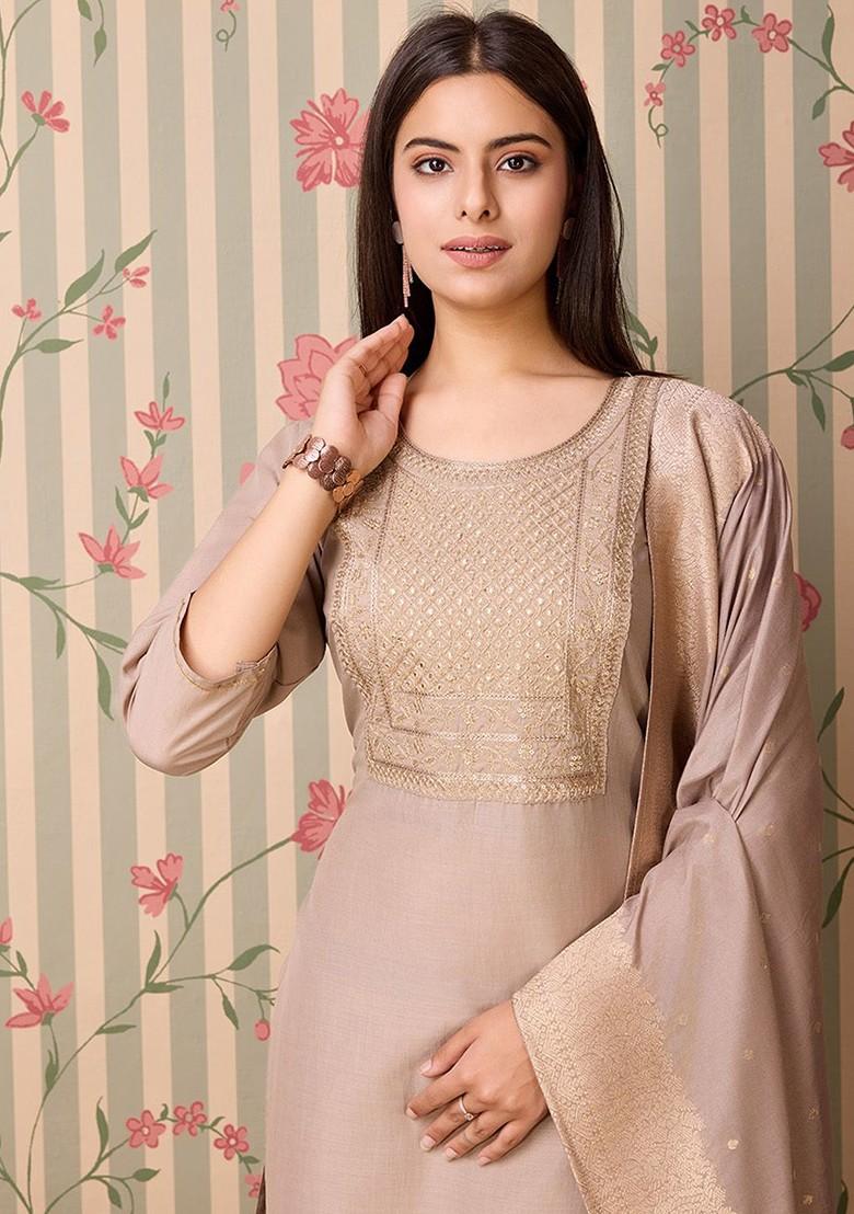 Grey Printed Poly Blend Kurta Set