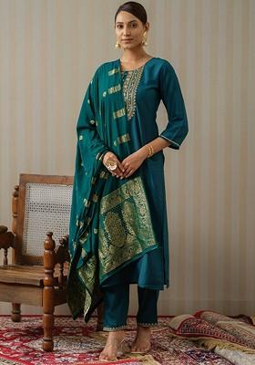 Blue Ethnic Motifs Embroidery Poly Blend Kurta Set