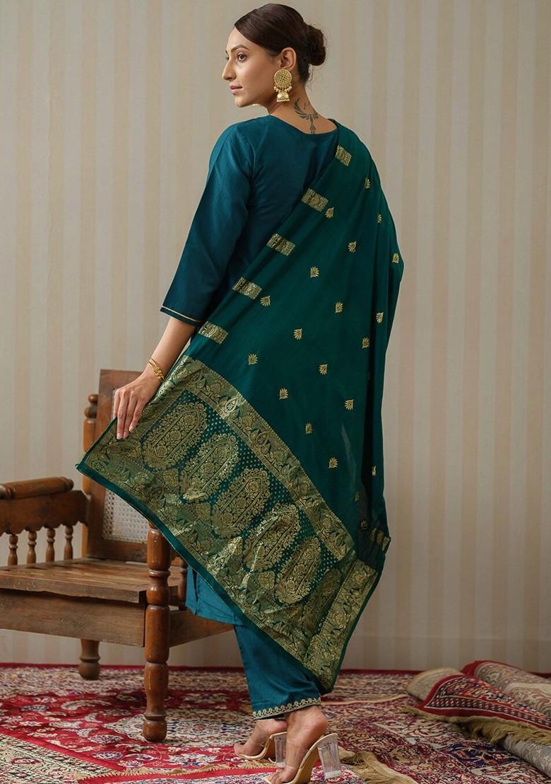 Blue Ethnic Motifs Embroidery Poly Blend Kurta Set