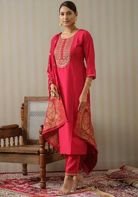 Pink Ethnic Motifs Embroidery Poly Blend Kurta Set