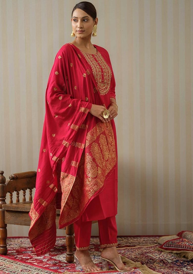 Pink Ethnic Motifs Embroidery Poly Blend Kurta Set