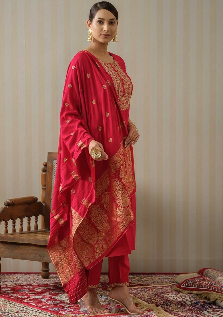 Pink Ethnic Motifs Embroidery Poly Blend Kurta Set