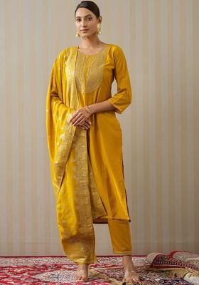 Yellow Ethnic Motifs Embroidery Poly Blend Kurta Set