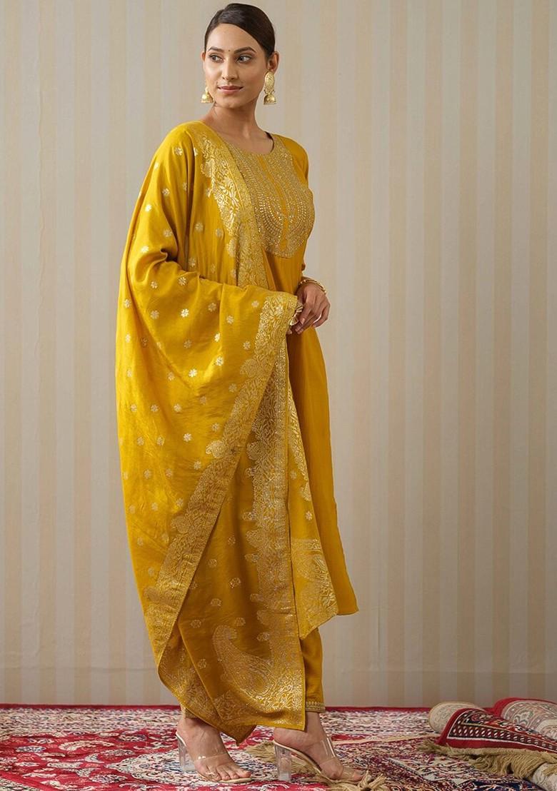Yellow Ethnic Motifs Embroidery Poly Blend Kurta Set