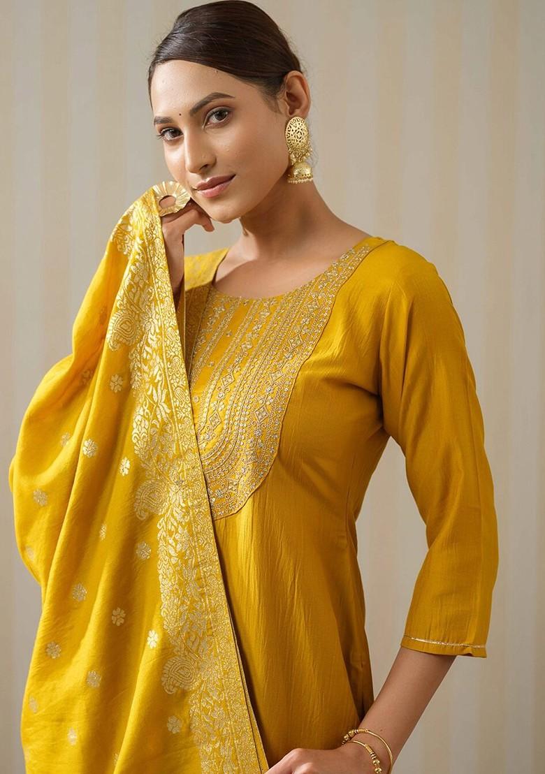 Yellow Ethnic Motifs Embroidery Poly Blend Kurta Set