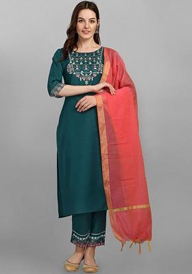 Teal Floral Embroidered Poly Blend Kurta Set