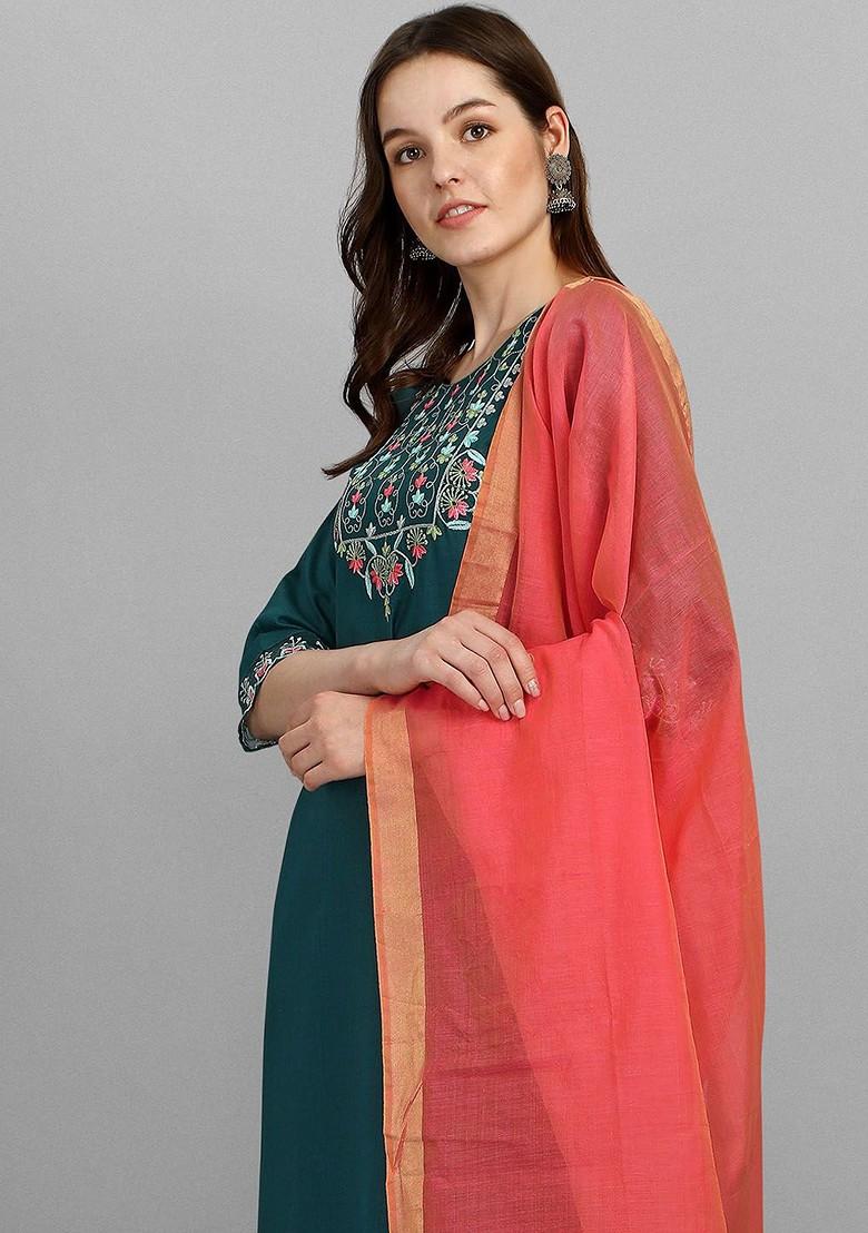 Teal Floral Embroidered Poly Blend Kurta Set