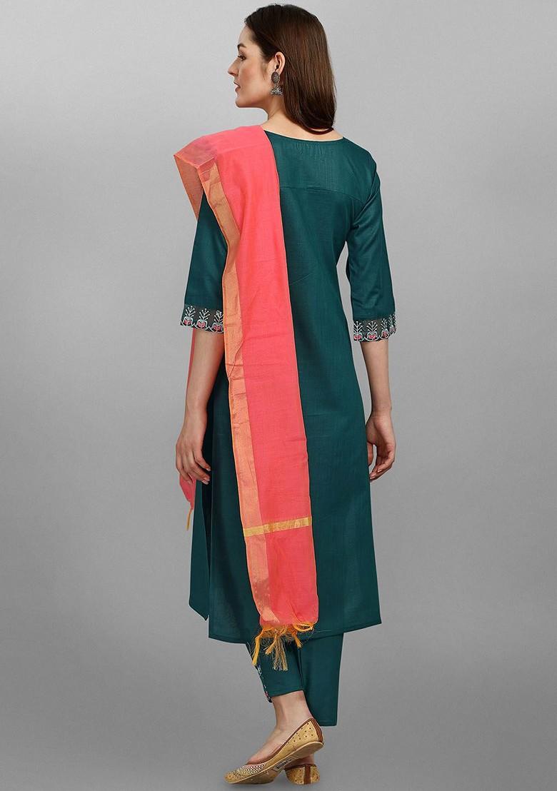 Teal Floral Embroidered Poly Blend Kurta Set