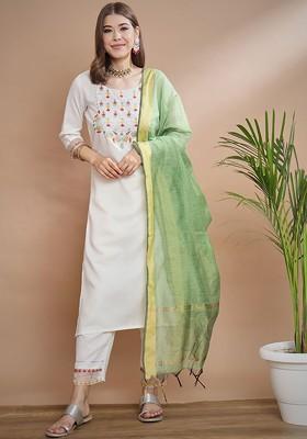 White Floral Embroidered Poly Blend Kurta Set